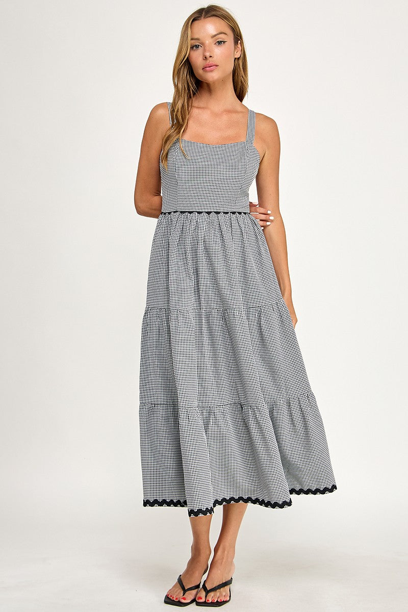 D5657-1 Gingham Square Neck Contrast Trim Midi Dress