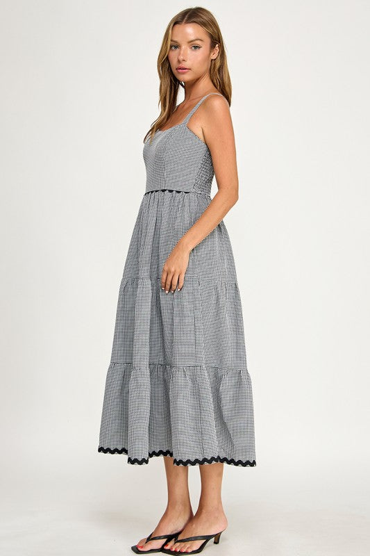 D5657-1 Gingham Square Neck Contrast Trim Midi Dress