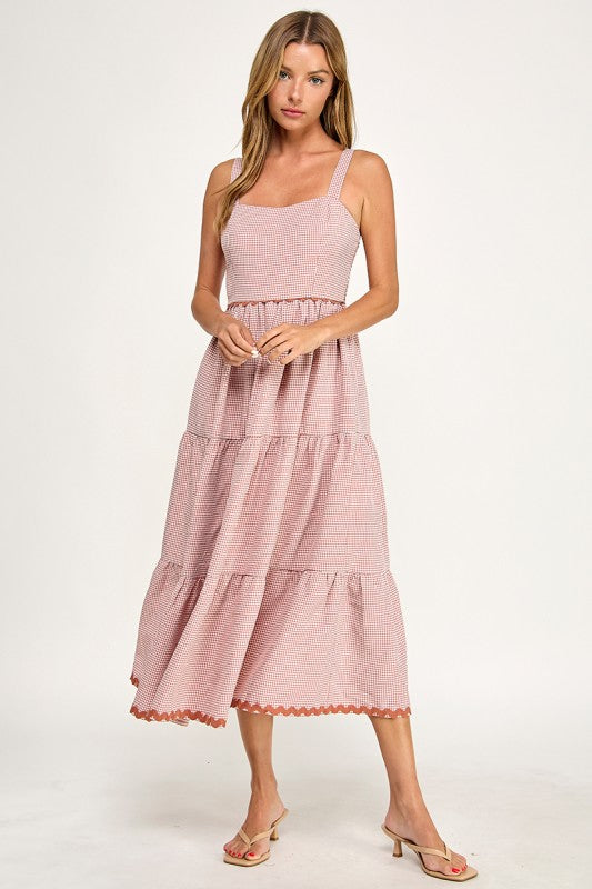 D5657-1 Gingham Square Neck Contrast Trim Midi Dress