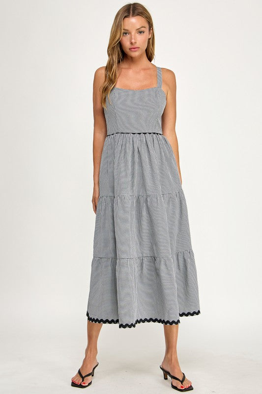 D5657-1 Gingham Square Neck Contrast Trim Midi Dress