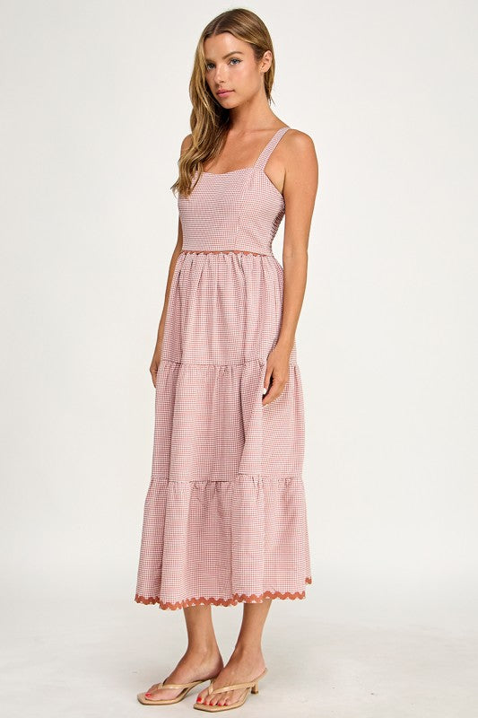 D5657-1 Gingham Square Neck Contrast Trim Midi Dress