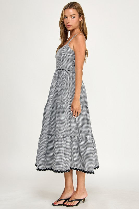 D5657-1 Gingham Square Neck Contrast Trim Midi Dress