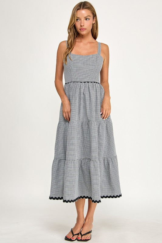 D5657-1 Gingham Square Neck Contrast Trim Midi Dress