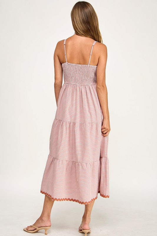 D5657-1 Gingham Square Neck Contrast Trim Midi Dress