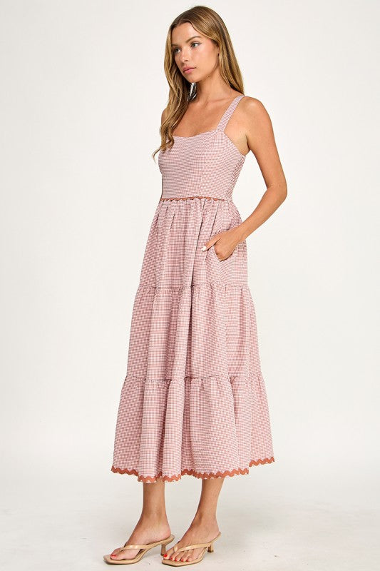 D5657-1 Gingham Square Neck Contrast Trim Midi Dress