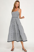 D5657-1 Gingham Square Neck Contrast Trim Midi Dress