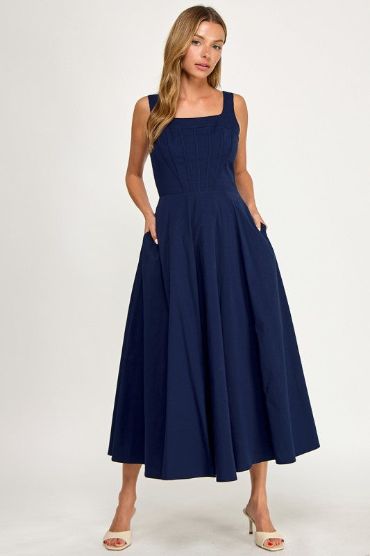 D5780 Corset Bodice Fit & Flare Midi Dress
