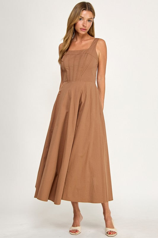 D5780 Corset Bodice Fit & Flare Midi Dress