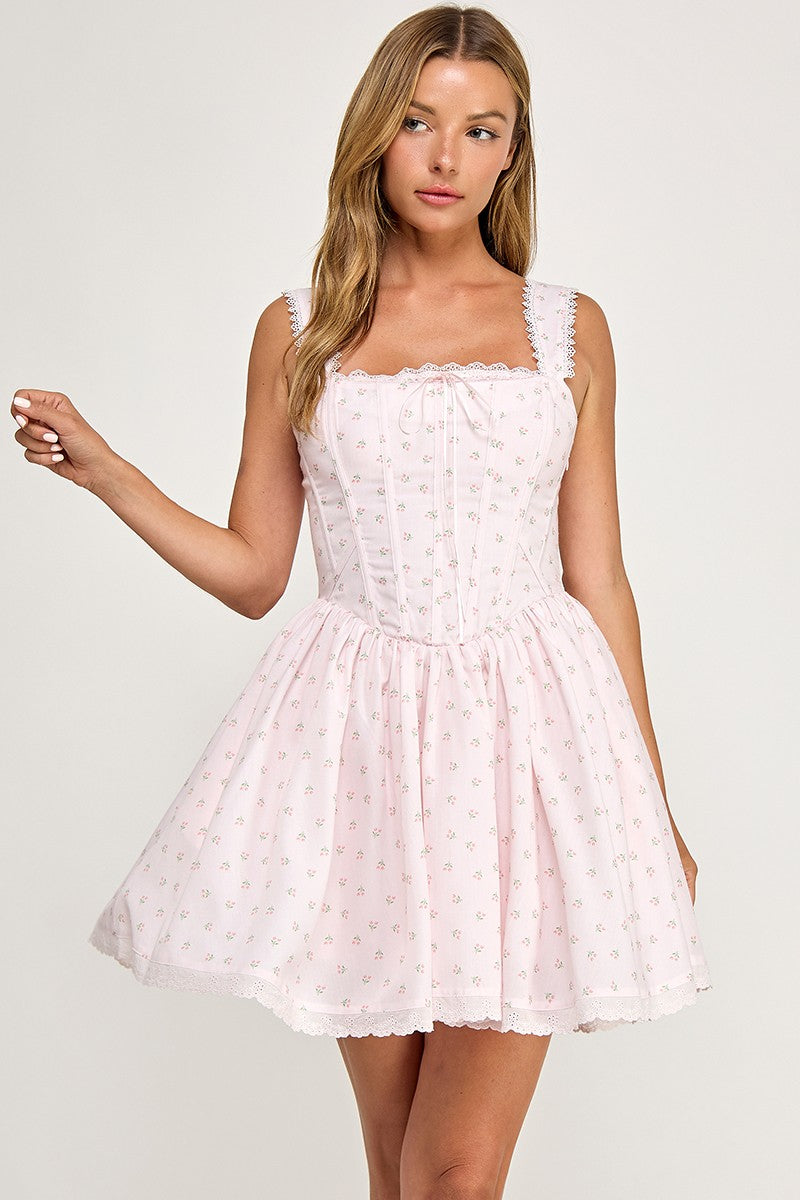 D5786 Ditsy Floral Lace Trim Corset Mini Dress