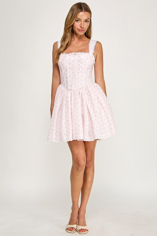 D5786 Ditsy Floral Lace Trim Corset Mini Dress