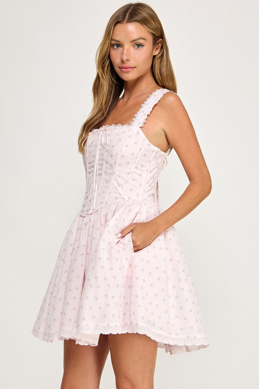 D5786 Ditsy Floral Lace Trim Corset Mini Dress