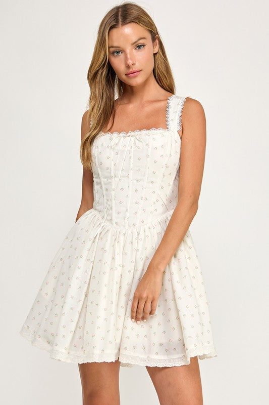 D5786 Ditsy Floral Lace Trim Corset Mini Dress