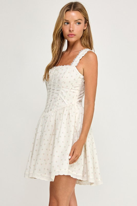 D5786 Ditsy Floral Lace Trim Corset Mini Dress