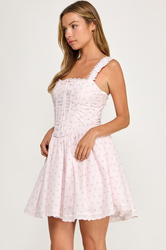D5786 Ditsy Floral Lace Trim Corset Mini Dress