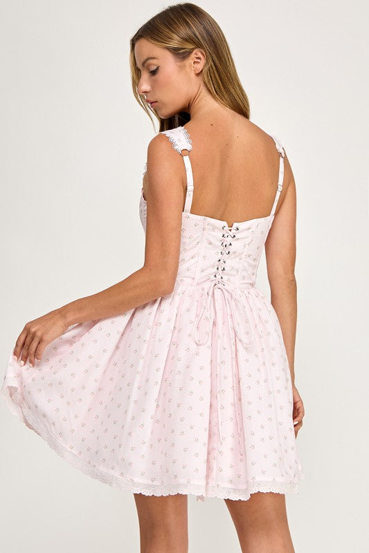 D5786 Ditsy Floral Lace Trim Corset Mini Dress