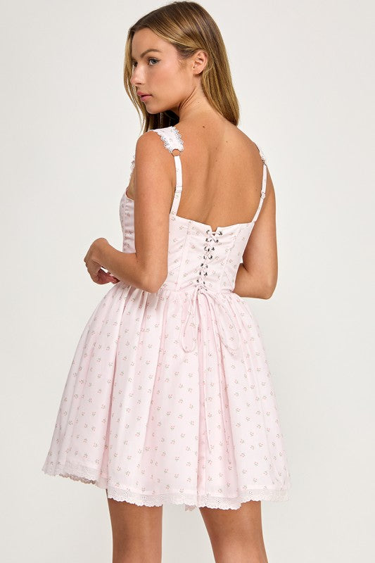 D5786 Ditsy Floral Lace Trim Corset Mini Dress