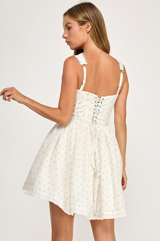 D5786 Ditsy Floral Lace Trim Corset Mini Dress