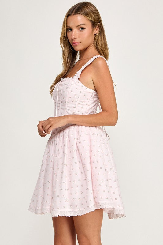 D5786 Ditsy Floral Lace Trim Corset Mini Dress