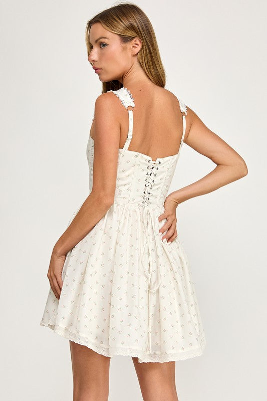 D5786 Ditsy Floral Lace Trim Corset Mini Dress