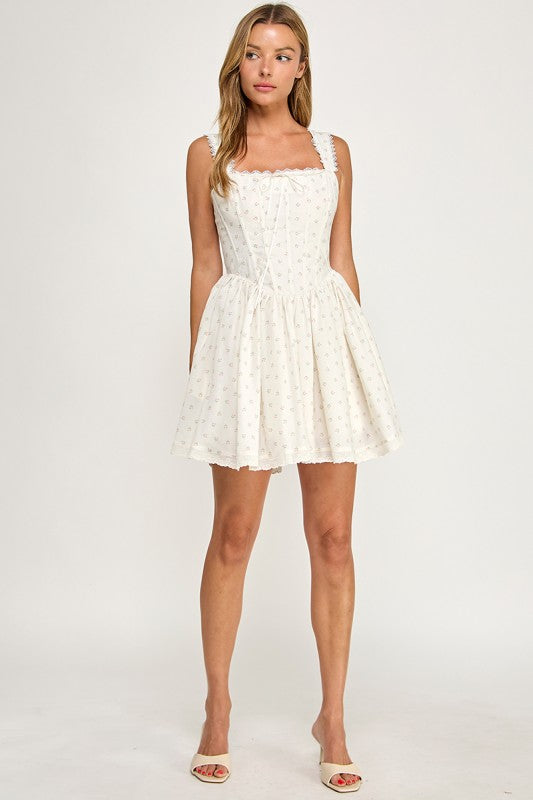 D5786 Ditsy Floral Lace Trim Corset Mini Dress