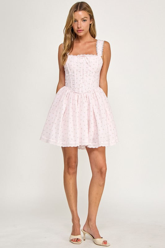 D5786 Ditsy Floral Lace Trim Corset Mini Dress