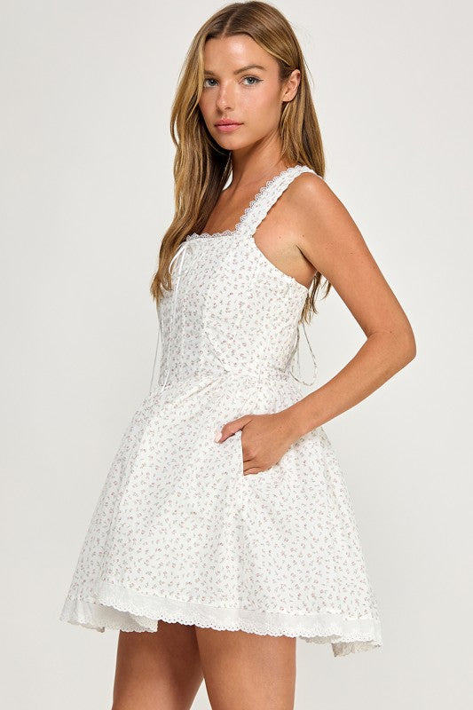 D5813S Lace Trim Floral Print Corset Mini Dress