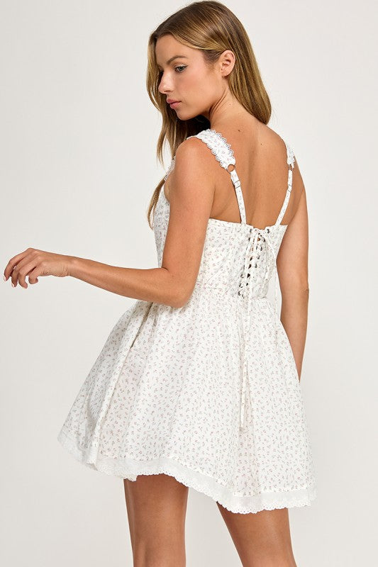 D5813S Lace Trim Floral Print Corset Mini Dress