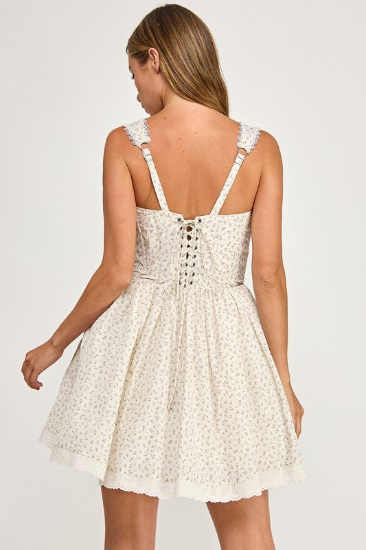 D5813S Lace Trim Floral Print Corset Mini Dress
