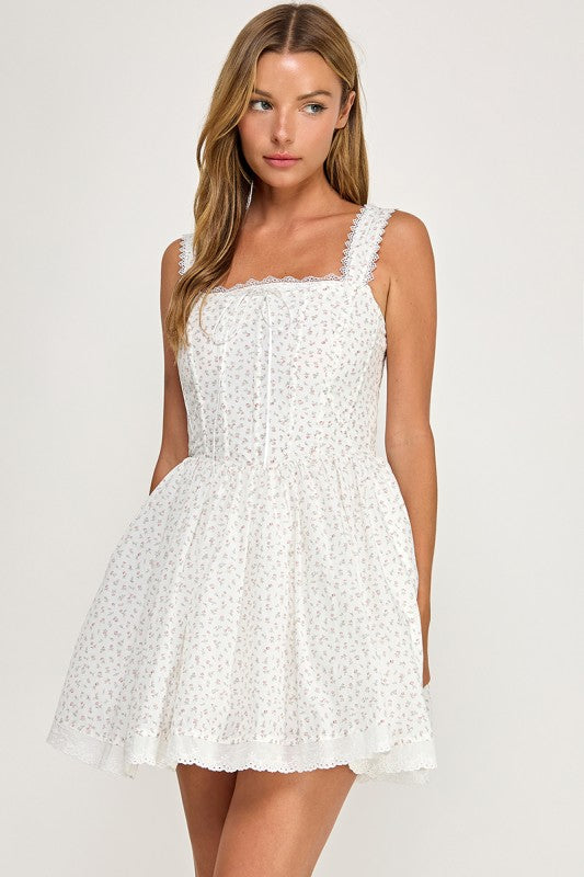 D5813S Lace Trim Floral Print Corset Mini Dress