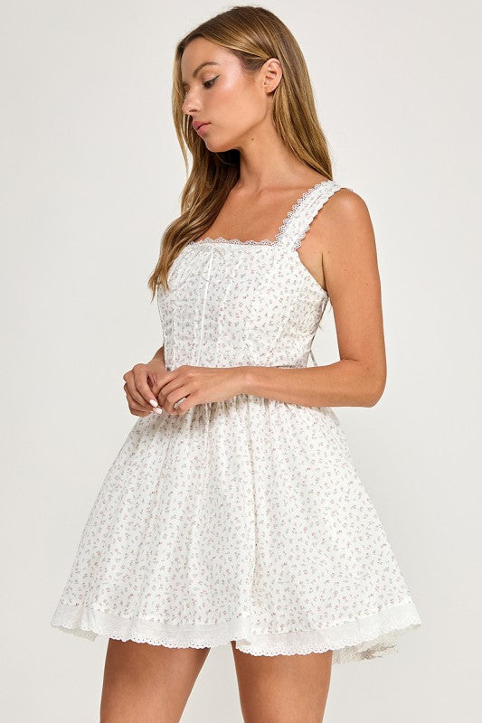 D5813S Lace Trim Floral Print Corset Mini Dress