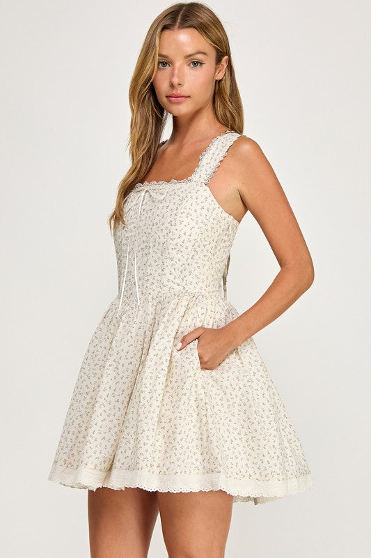 D5813S Lace Trim Floral Print Corset Mini Dress