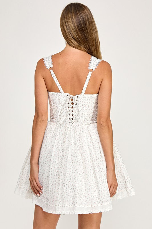 D5813S Lace Trim Floral Print Corset Mini Dress