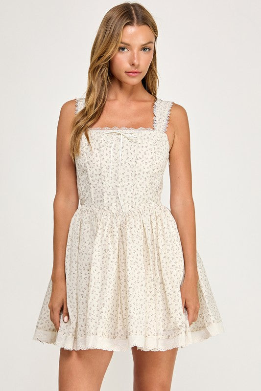 D5813S Lace Trim Floral Print Corset Mini Dress