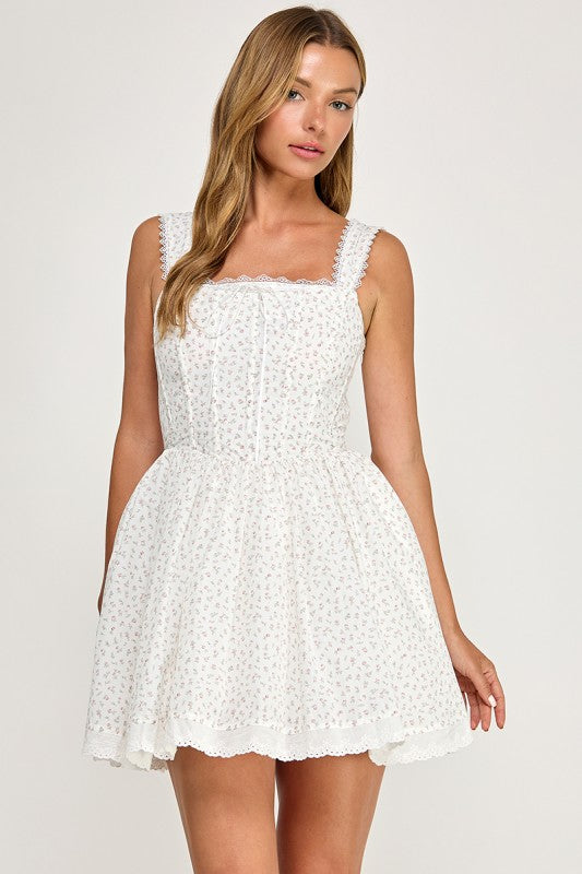 D5813S Lace Trim Floral Print Corset Mini Dress