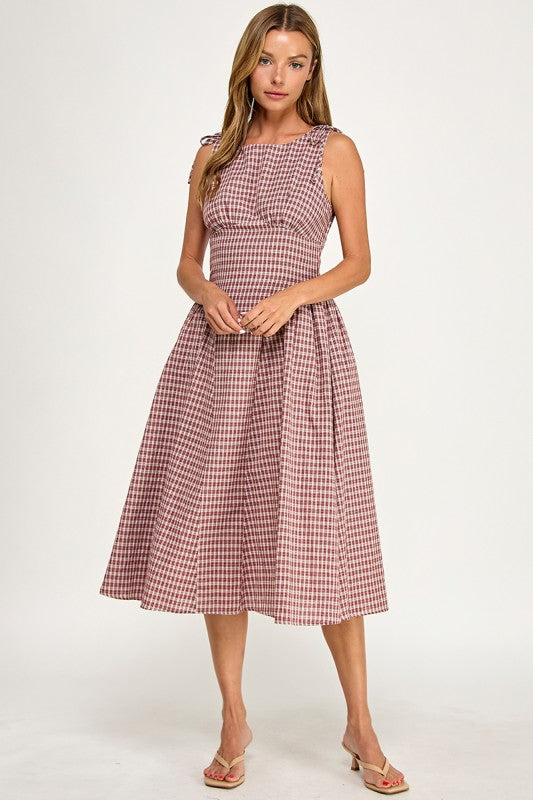 D5840 Vintage Gingham Tie Shoulder Midi Dress