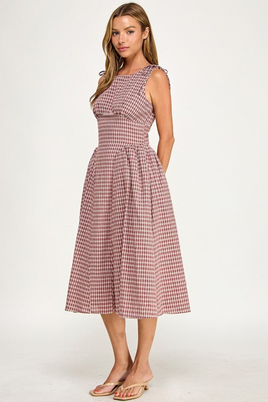D5840 Vintage Gingham Tie Shoulder Midi Dress
