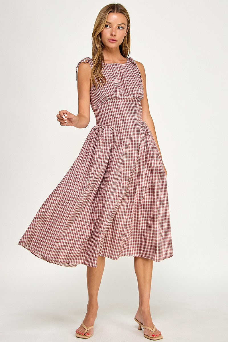 D5840 Vintage Gingham Tie Shoulder Midi Dress