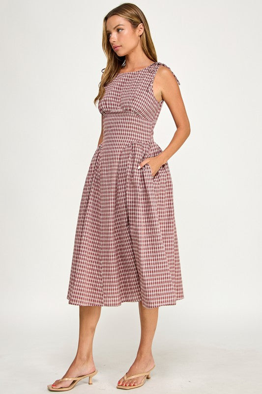 D5840 Vintage Gingham Tie Shoulder Midi Dress