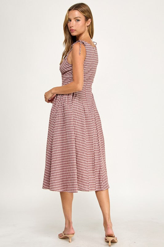 D5840 Vintage Gingham Tie Shoulder Midi Dress