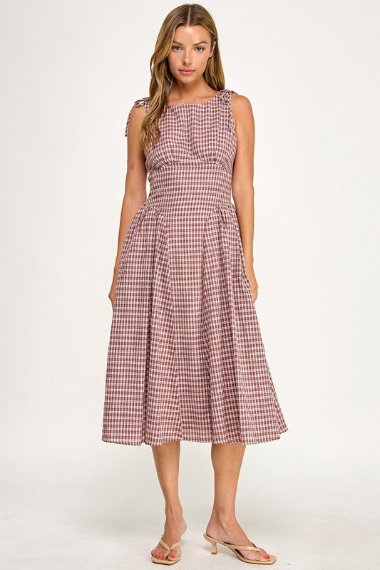 D5840 Vintage Gingham Tie Shoulder Midi Dress