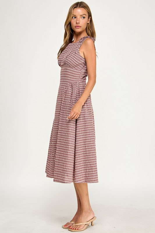 D5840 Vintage Gingham Tie Shoulder Midi Dress