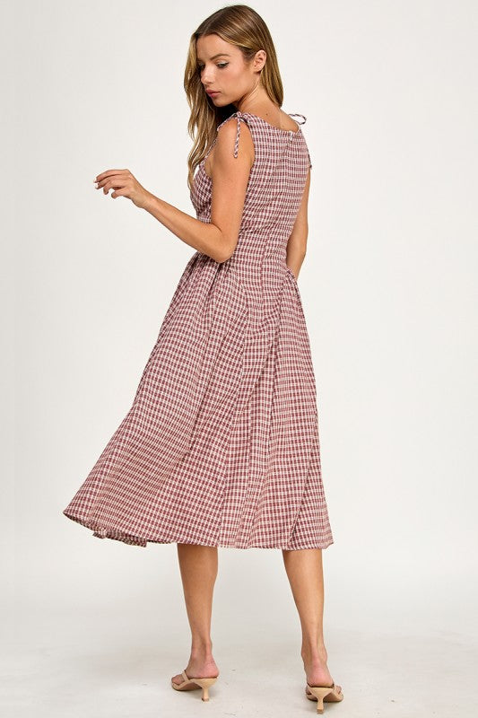 D5840 Vintage Gingham Tie Shoulder Midi Dress