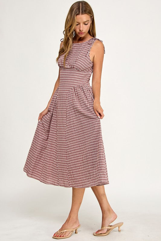 D5840 Vintage Gingham Tie Shoulder Midi Dress