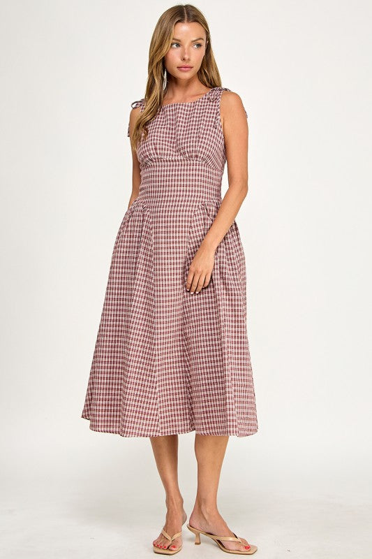D5840 Vintage Gingham Tie Shoulder Midi Dress