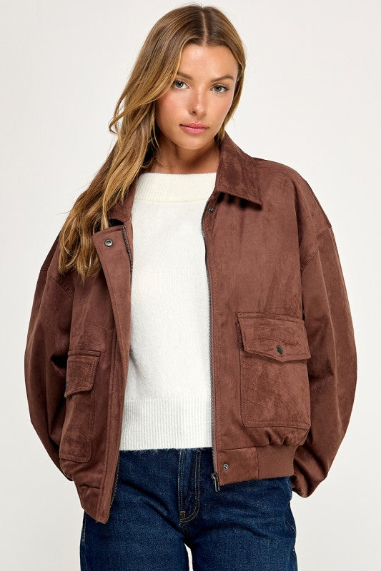 JK5844 Soft Suede-Feel Bomber Jacket