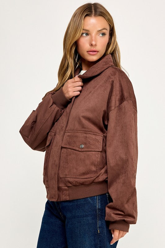 JK5844 Soft Suede-Feel Bomber Jacket