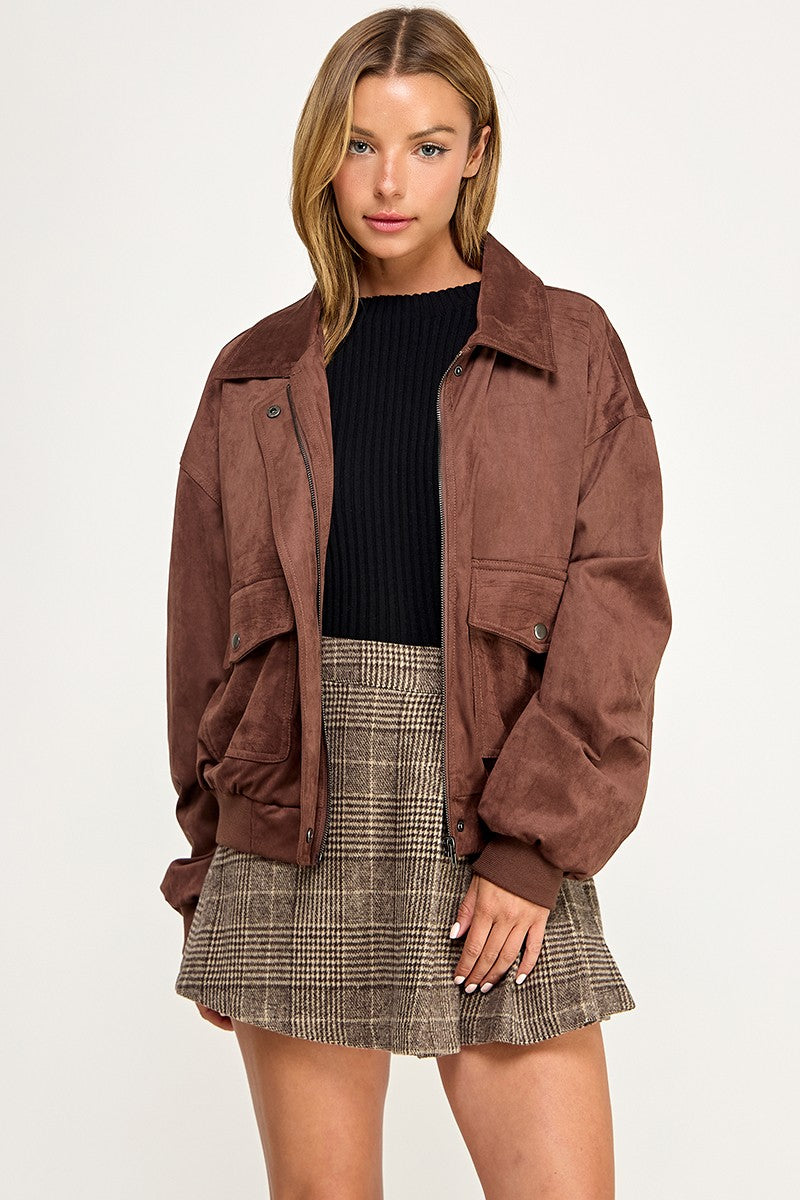 JK5844 Soft Suede-Feel Bomber Jacket