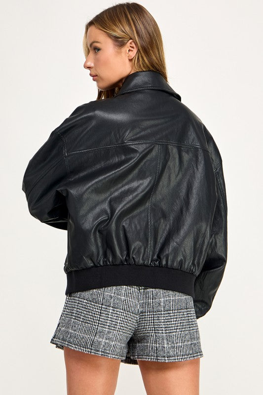 JK5844-1 Faux leather Zip Up Bomber Jacket  
