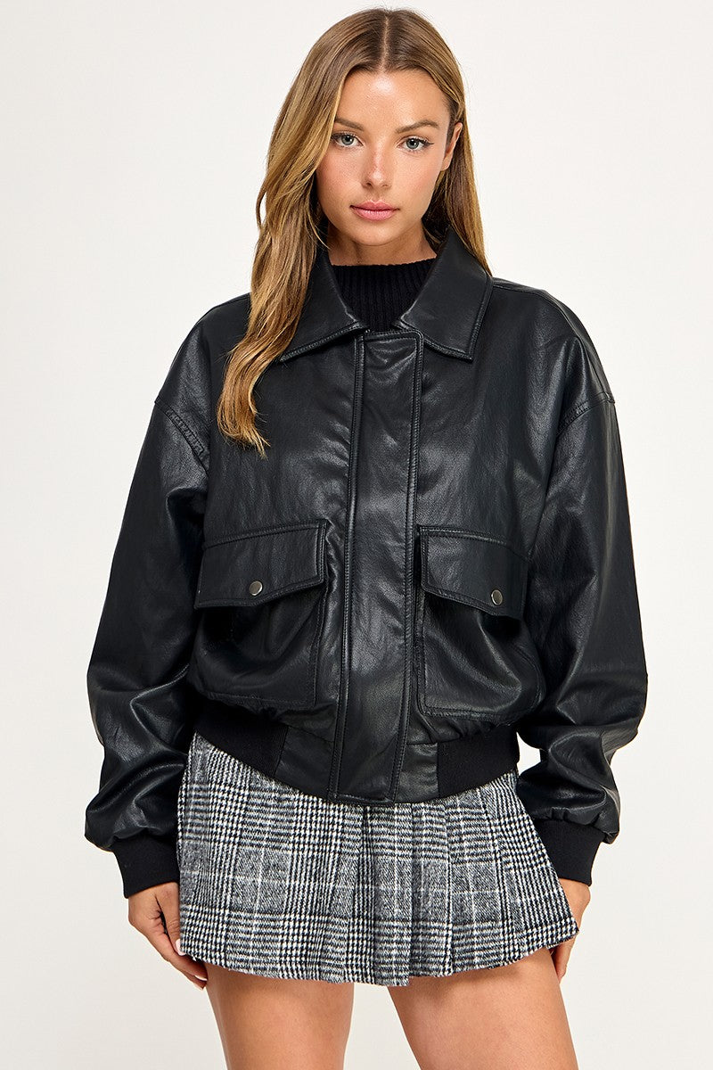 JK5844-1 Faux leather Zip Up Bomber Jacket  