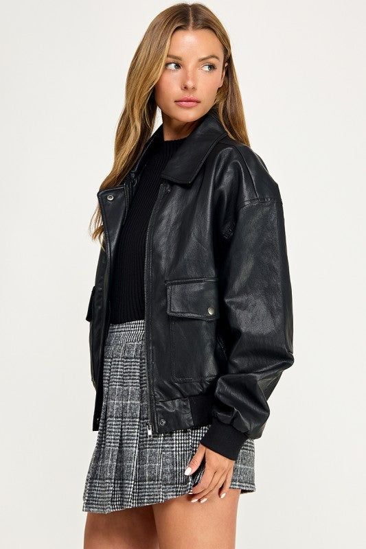 JK5844-1 Faux leather Zip Up Bomber Jacket  